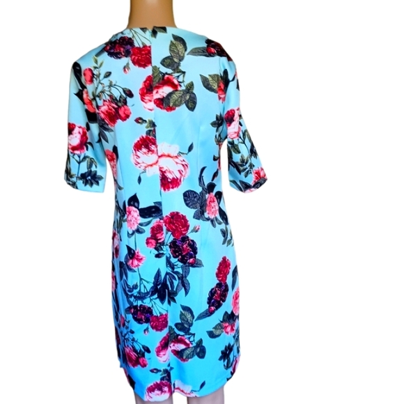 👗📏CeCe Woman's Blue Floral Sheath Dress Boat Neckline Knee Length Size Small - Picture 4 of 10